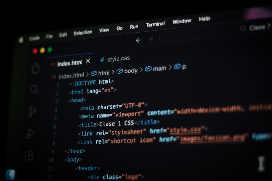 A computer screen displaying HTML code with lines of text in various colors representing elements such as <html>, <head>, and <body>. The code is part of a webpage related to website styling and struc